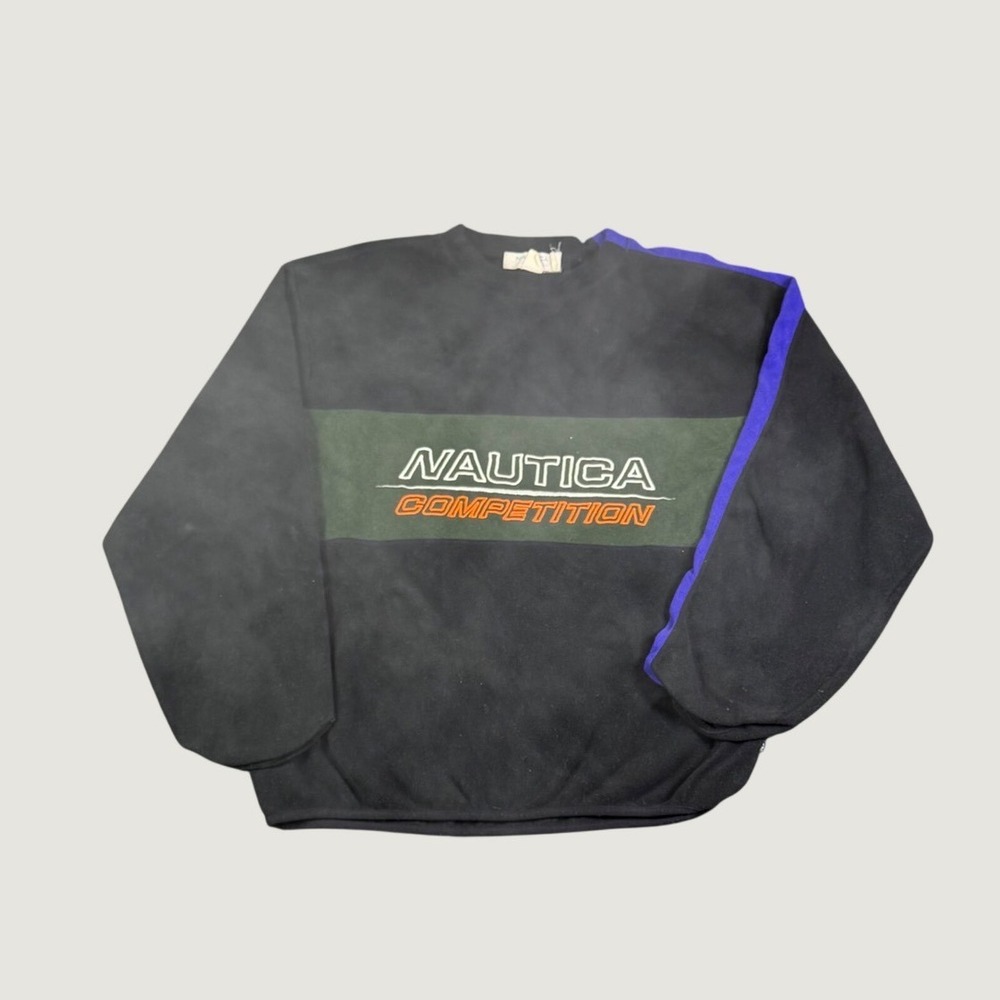 Vintage Nautica Competition Fleece Sweatshirt Black Green Purple Mens Large